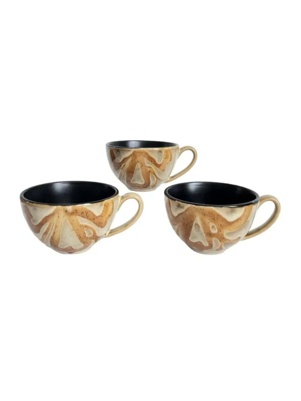 Set Of 3 Pier 1 Kioko Tea Coffee Cup and Saucers Tan Black Interior Boho Cottage